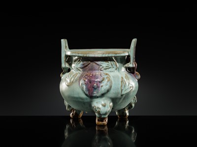 Lot 9 - A LARGE AND RARE JUNYAO PURPLE-SPLASHED TRIPOD CENSER, YUAN DYNASTY