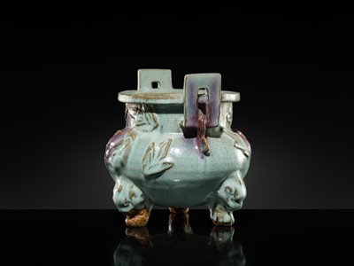 Lot 9 - A LARGE AND RARE JUNYAO PURPLE-SPLASHED TRIPOD CENSER, YUAN DYNASTY