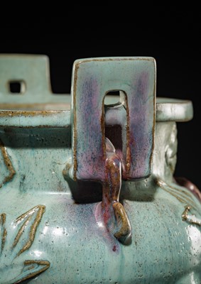 Lot 9 - A LARGE AND RARE JUNYAO PURPLE-SPLASHED TRIPOD CENSER, YUAN DYNASTY