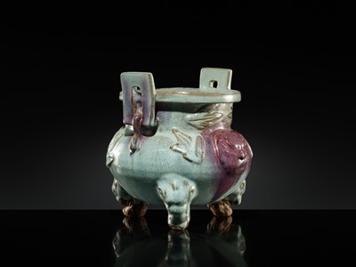 Lot 9 - A LARGE AND RARE JUNYAO PURPLE-SPLASHED TRIPOD CENSER, YUAN DYNASTY