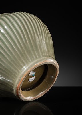 Lot 12 - A LONGQUAN CELADON ‘HUNDRED RIB’ JAR, GUAN, LATE YUAN-EARLY MING DYNASTY