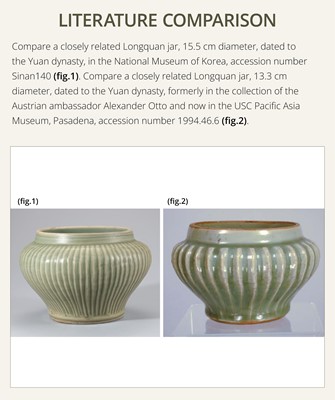 Lot 12 - A LONGQUAN CELADON ‘HUNDRED RIB’ JAR, GUAN, LATE YUAN-EARLY MING DYNASTY