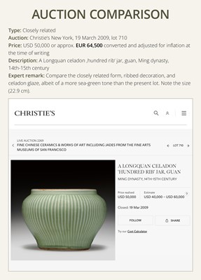 Lot 12 - A LONGQUAN CELADON ‘HUNDRED RIB’ JAR, GUAN, LATE YUAN-EARLY MING DYNASTY