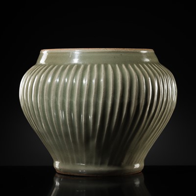 Lot 12 - A LONGQUAN CELADON ‘HUNDRED RIB’ JAR, GUAN, LATE YUAN-EARLY MING DYNASTY