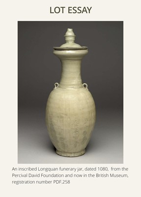 Lot 5 - A RARE CARVED LONGQUAN CELADON VASE AND COVER, NORTHERN SONG DYNASTY