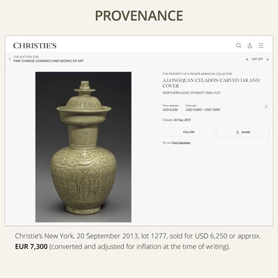 Lot 5 - A RARE CARVED LONGQUAN CELADON VASE AND COVER, NORTHERN SONG DYNASTY