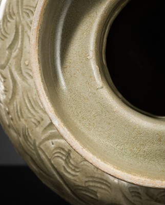 Lot 5 - A RARE CARVED LONGQUAN CELADON VASE AND COVER, NORTHERN SONG DYNASTY
