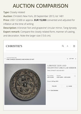 Lot 198 - A SMALL ‘LION AND GRAPEVINE’ BRONZE MIRROR, TANG DYNASTY