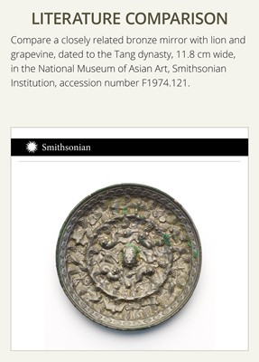 Lot 198 - A SMALL ‘LION AND GRAPEVINE’ BRONZE MIRROR, TANG DYNASTY