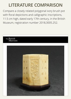Lot 109 - A RARE HEPTAGONAL IVORY BRUSH POT, BITONG, EARLY QING DYNASTY