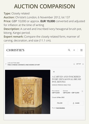 Lot 109 - A RARE HEPTAGONAL IVORY BRUSH POT, BITONG, EARLY QING DYNASTY