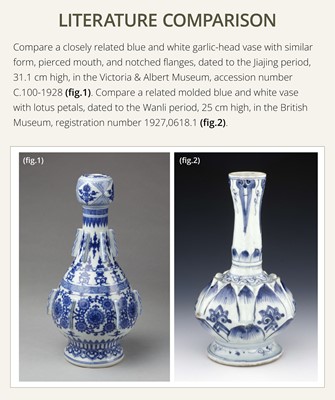 Lot 15 - AN EXTREMELY RARE BLUE AND WHITE GARLIC NECK 'LOTUS' VASE, MING DYNASTY, 16TH CENTURY