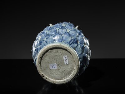 Lot 15 - AN EXTREMELY RARE BLUE AND WHITE GARLIC NECK 'LOTUS' VASE, MING DYNASTY, 16TH CENTURY