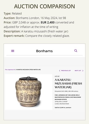 Lot 135 - A MADARA KARATSU-WARE MIZUSASHI (FRESH WATER JAR), EDO PERIOD, 18TH-19TH CENTURY