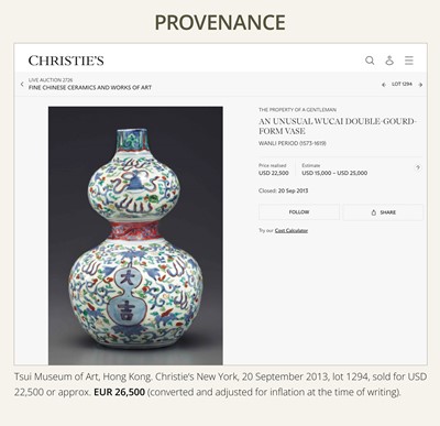 Lot 20 - A RARE WUCAI 'DAJI' DOUBLE-GOURD VASE, WANLI PERIOD