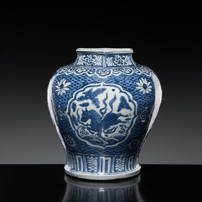Lot 155 - A BLUE AND WHITE ‘FOUR AUSPICIOUS BEASTS’ BALUSTER JAR, MING DYNASTY