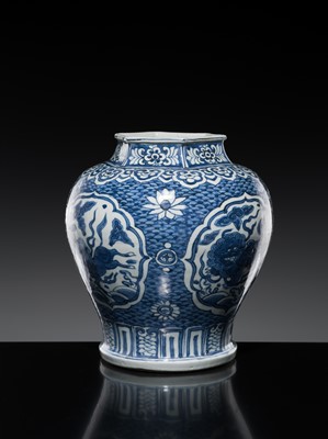 Lot 155 - A BLUE AND WHITE ‘FOUR AUSPICIOUS BEASTS’ BALUSTER JAR, MING DYNASTY