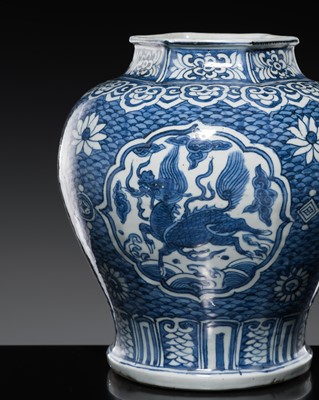 Lot 155 - A BLUE AND WHITE ‘FOUR AUSPICIOUS BEASTS’ BALUSTER JAR, MING DYNASTY