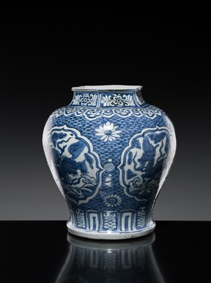 Lot 155 - A BLUE AND WHITE ‘FOUR AUSPICIOUS BEASTS’ BALUSTER JAR, MING DYNASTY