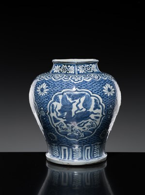 Lot 155 - A BLUE AND WHITE ‘FOUR AUSPICIOUS BEASTS’ BALUSTER JAR, MING DYNASTY