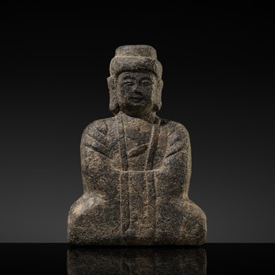 Lot 287 - A VERY RARE STONE FIGURE OF SEATED BUDDHA SHAKYAMUNI, UNIFIED SILLA PERIOD