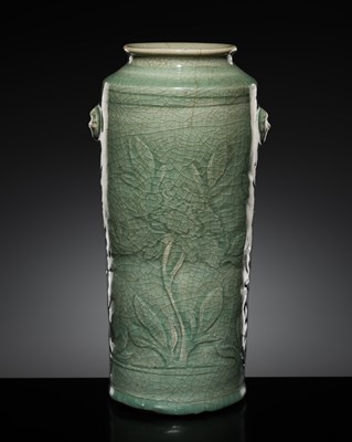 Lot 151 - A RARE CARVED LONGQUAN CELADON ‘PEONY’ SLEEVE VASE, MING DYNASTY