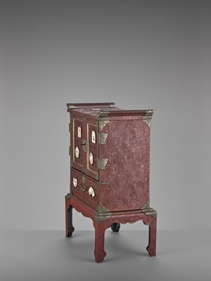 Lot 68 - A LACQUERED WOOD CABINET WITH ORIGINAL STAND