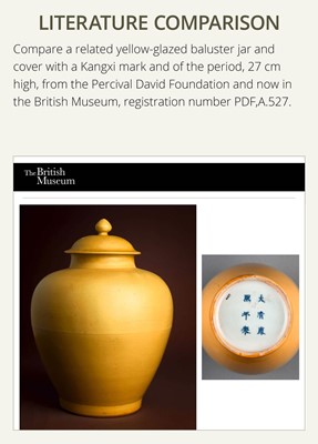 Lot 183 - A LARGE YELLOW GLAZED BALUSTER JAR AND COVER, 18TH-19TH CENTURY