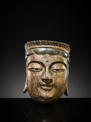 Lot 129 - A LACQUERED GILT-WOOD GYODO MASK OF A BODHISATTVA, GYODOMEN BOSATSU, MUROMACHI TO MOMOYAMA PERIOD