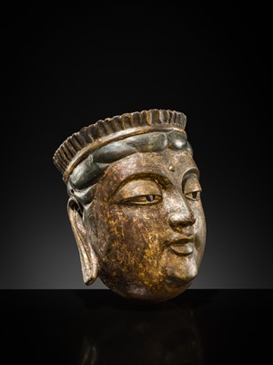 Lot 129 - A LACQUERED GILT-WOOD GYODO MASK OF A BODHISATTVA, GYODOMEN BOSATSU, MUROMACHI TO MOMOYAMA PERIOD