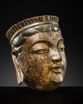 Lot 129 - A LACQUERED GILT-WOOD GYODO MASK OF A BODHISATTVA, GYODOMEN BOSATSU, MUROMACHI TO MOMOYAMA PERIOD
