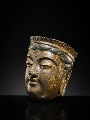 Lot 129 - A LACQUERED GILT-WOOD GYODO MASK OF A BODHISATTVA, GYODOMEN BOSATSU, MUROMACHI TO MOMOYAMA PERIOD