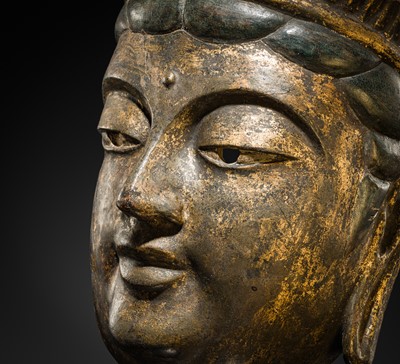 Lot 129 - A LACQUERED GILT-WOOD GYODO MASK OF A BODHISATTVA, GYODOMEN BOSATSU, MUROMACHI TO MOMOYAMA PERIOD