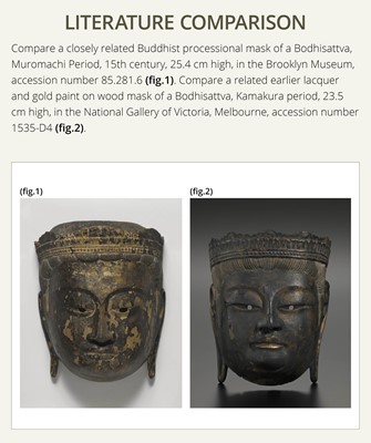 Lot 129 - A LACQUERED GILT-WOOD GYODO MASK OF A BODHISATTVA, GYODOMEN BOSATSU, MUROMACHI TO MOMOYAMA PERIOD