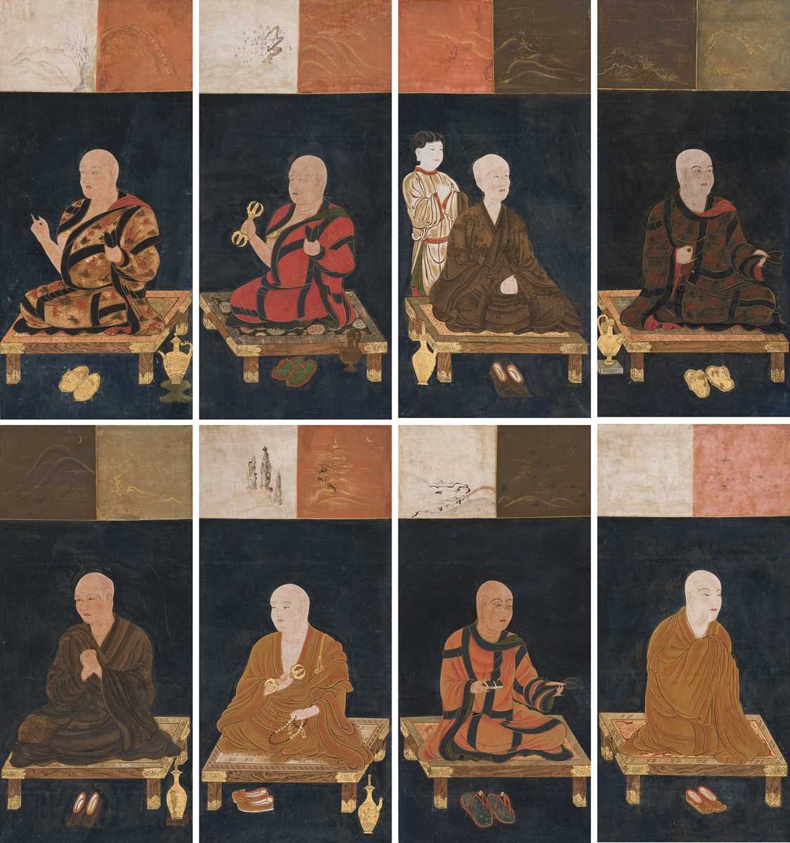 Lot 133 - A RARE SET OF PORTRAITS OF THE EIGHT PATRIARCHS OF SHINGON BUDDHISM, SHINGON DENJI HASSO, MUROMACHI PERIOD