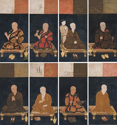 Lot 133 - A RARE SET OF PORTRAITS OF THE EIGHT PATRIARCHS OF SHINGON BUDDHISM, SHINGON DENJI HASSO, MUROMACHI PERIOD