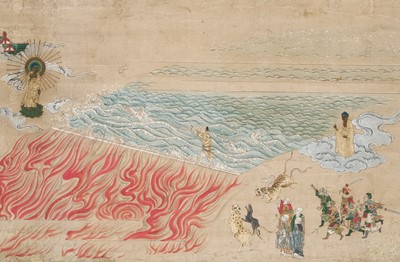 Lot 269 - A BUDDHIST PAINTING DEPICTING THE WHITE PATH TO AMIDA PURE LAND BETWEEN THE TWO RIVERS OF WORLDLY VICE, MUROMACHI PERIOD