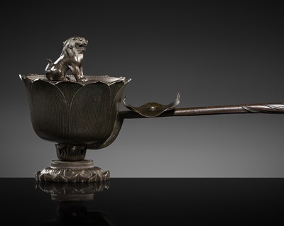 Lot 267 - A BRONZE ‘LOTUS AND SHISHI’ EKORO (LONG-HANDLED CENSER), KAMAKURA PERIOD