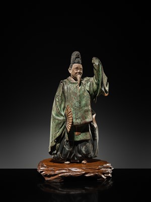 Lot 130 - A POLYCHROME WOOD FIGURE OF A NOH ACTOR IN THE ROLE OF OKINA, MOMOYAMA PERIOD