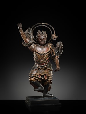 Lot 127 - A GILT AND POLYCHROME-WOOD TEMPLE STATUE OF A HEAVENLY GENERAL, JUNI SHINSHO, KAMAKURA PERIOD