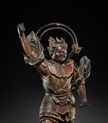 Lot 127 - A GILT AND POLYCHROME-WOOD TEMPLE STATUE OF A HEAVENLY GENERAL, JUNI SHINSHO, KAMAKURA PERIOD