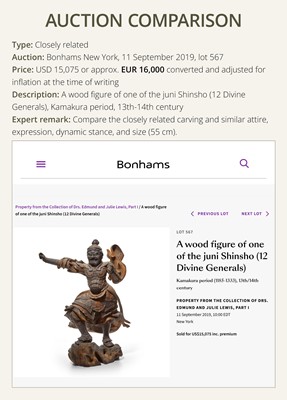 Lot 127 - A GILT AND POLYCHROME-WOOD TEMPLE STATUE OF A HEAVENLY GENERAL, JUNI SHINSHO, KAMAKURA PERIOD