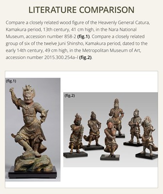 Lot 127 - A GILT AND POLYCHROME-WOOD TEMPLE STATUE OF A HEAVENLY GENERAL, JUNI SHINSHO, KAMAKURA PERIOD