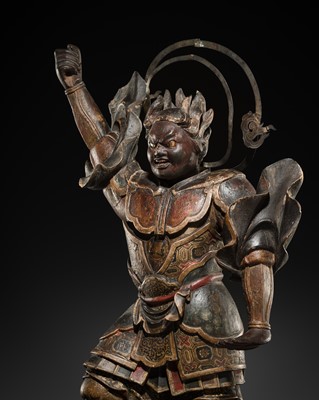 Lot 127 - A GILT AND POLYCHROME-WOOD TEMPLE STATUE OF A HEAVENLY GENERAL, JUNI SHINSHO, KAMAKURA PERIOD