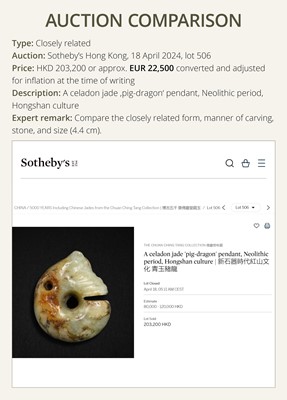 Lot 54 - A SMALL CELADON AND RUSSET JADE ‘PIG DRAGON’, ZHULONG, HONGSHAN CULTURE