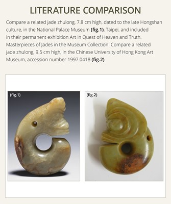 Lot 54 - A SMALL CELADON AND RUSSET JADE ‘PIG DRAGON’, ZHULONG, HONGSHAN CULTURE