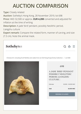 Lot 55 - A RARE CELADON JADE ‘BIRD’ PLAQUE, NEOLITHIC PERIOD, LIANGZHU CULTURE