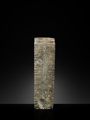 Lot 59 - A RARE AND LARGE THIRTEEN-TIERED GREEN JADE CONG, NEOLITHIC PERIOD, LIANGZHU CULTURE