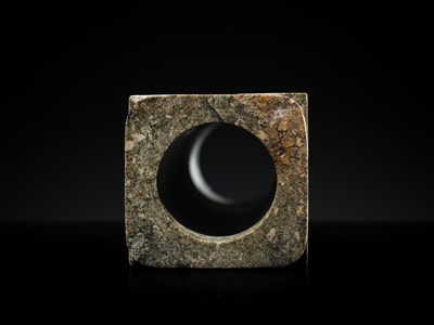 Lot 59 - A RARE AND LARGE THIRTEEN-TIERED GREEN JADE CONG, NEOLITHIC PERIOD, LIANGZHU CULTURE