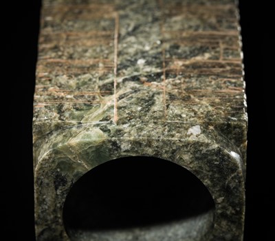 Lot 59 - A RARE AND LARGE THIRTEEN-TIERED GREEN JADE CONG, NEOLITHIC PERIOD, LIANGZHU CULTURE